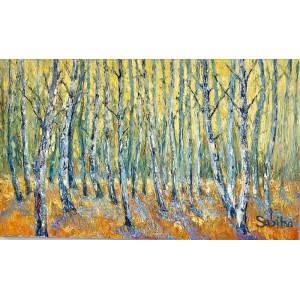 Sabiha Nasar-ud-Deen, Safeda Trees 2, 18 x 30 Inch, Oil with knife on Canvas, Landscape Painting, AC-SBND-055